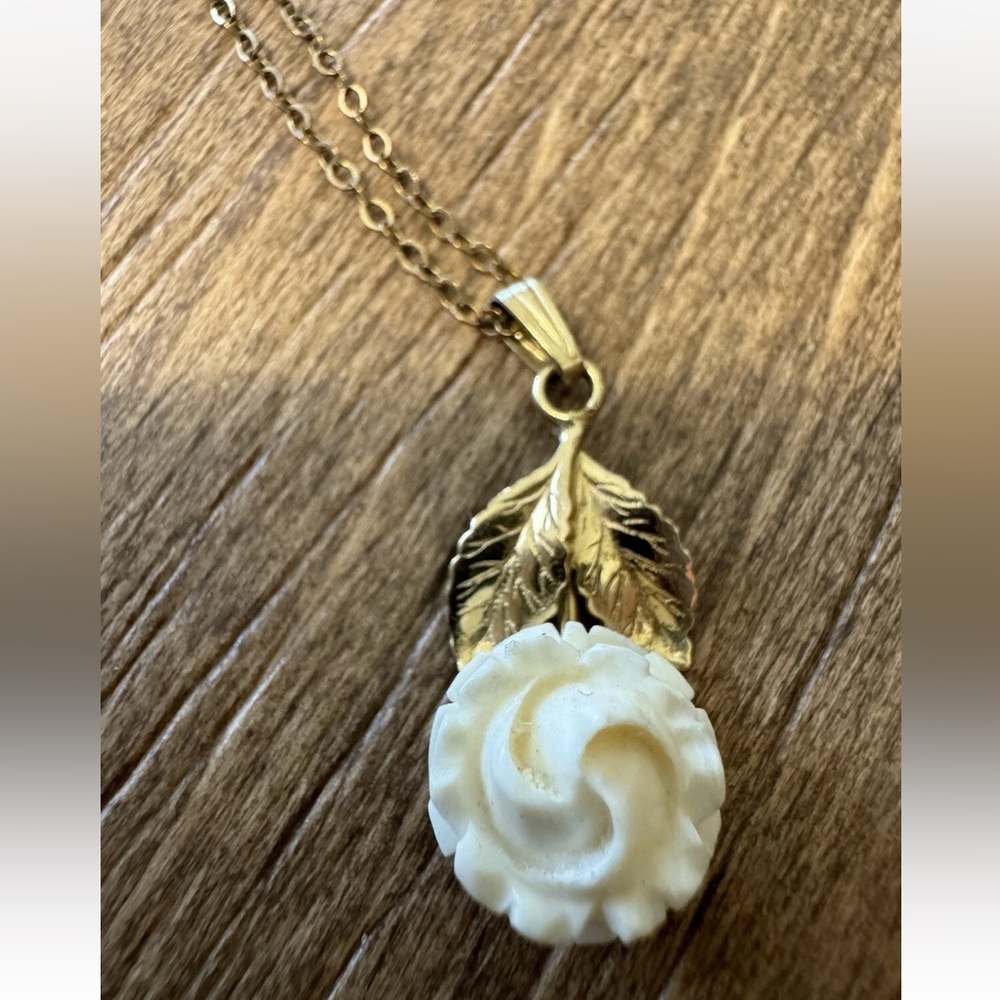 Antique Gold Leaf Necklace with Ivory Rose Pendant real gold